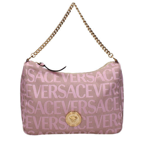 Versace Beige Fabric Logo Medusa Chain Shoulder Handbag for Women