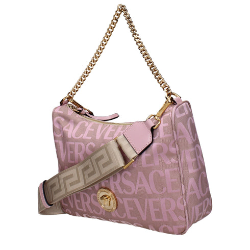 Versace Beige Fabric Logo Medusa Chain Shoulder Handbag for Women