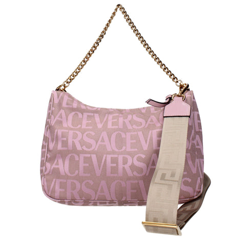Versace Beige Fabric Logo Medusa Chain Shoulder Handbag for Women
