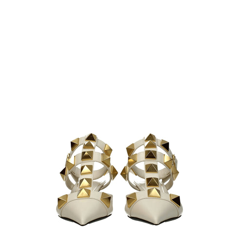 Valentino Garavani Off White Leather Studded Heels – Mid Heel Pointy Toe Sandals - Women’s