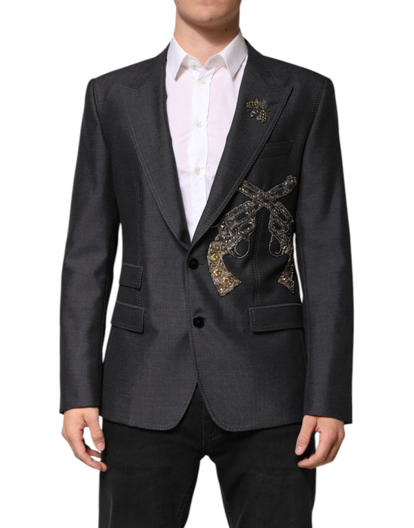 Dolce & Gabbana Dark Gray Bee Embroidery SICILIA Coat Blazer