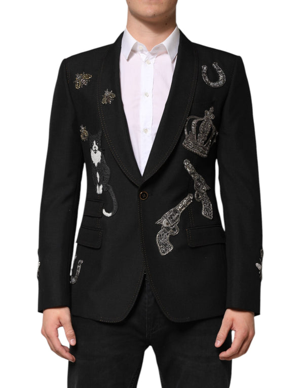 Dolce & Gabbana Black Bee Crown Embellished Suit Coat Blazer