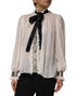 Dolce & Gabbana White Black Silk Long Sleeve Ascot Collar Top
