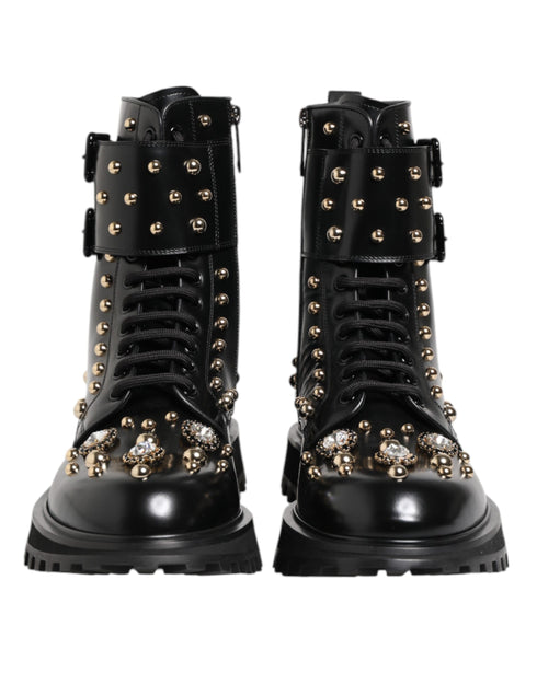 Dolce & Gabbana Studded Mid Calf Lace-Up Boots - Black Calf Leather - Women’s Designer Combat Shoes