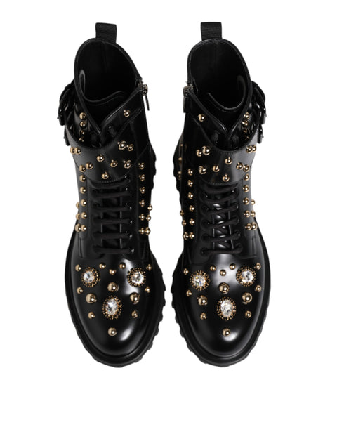 Dolce & Gabbana Studded Mid Calf Lace-Up Boots - Black Calf Leather - Women’s Designer Combat Shoes