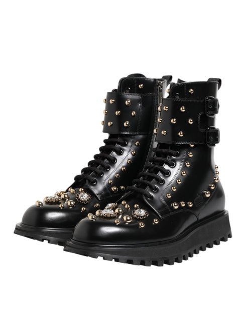 Dolce & Gabbana Studded Mid Calf Lace-Up Boots - Black Calf Leather - Women’s Designer Combat Shoes