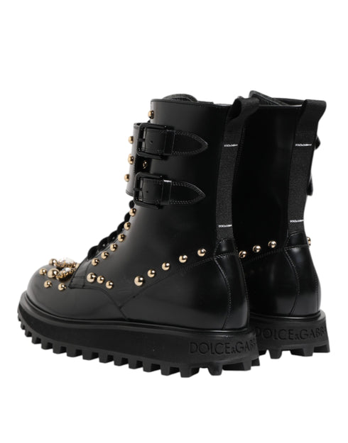 Dolce & Gabbana Studded Mid Calf Lace-Up Boots - Black Calf Leather - Women’s Designer Combat Shoes