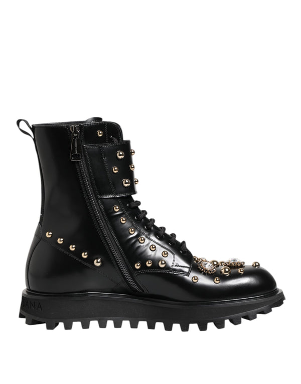 Dolce & Gabbana Studded Mid Calf Lace-Up Boots - Black Calf Leather - Women’s Designer Combat Shoes