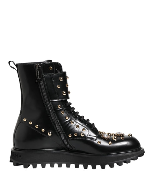 Dolce & Gabbana Studded Mid Calf Lace-Up Boots - Black Calf Leather - Women’s Designer Combat Shoes