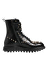 Dolce & Gabbana Studded Mid Calf Lace-Up Boots - Black Calf Leather - Women’s Designer Combat Shoes