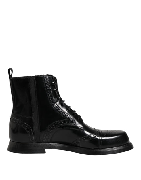 Dolce & Gabbana Black Leather Lace Up Mid Calf Boots Shoes
