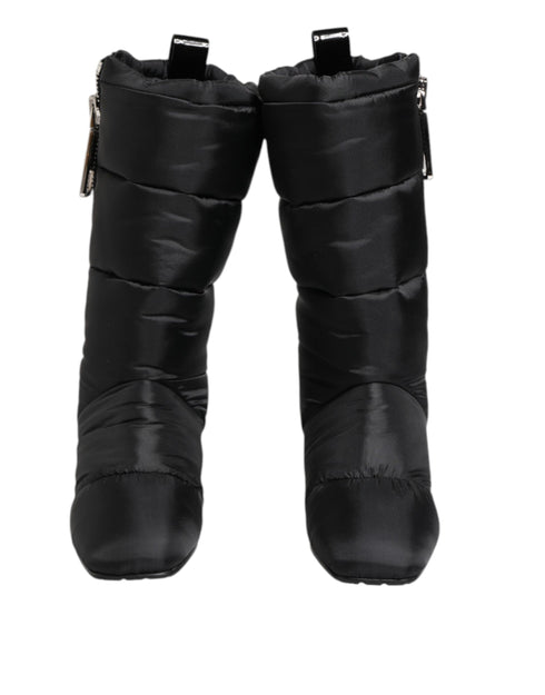 Dolce & Gabbana Black Padded Mid-Calf Boots with Silver Logo Heel - Women’s