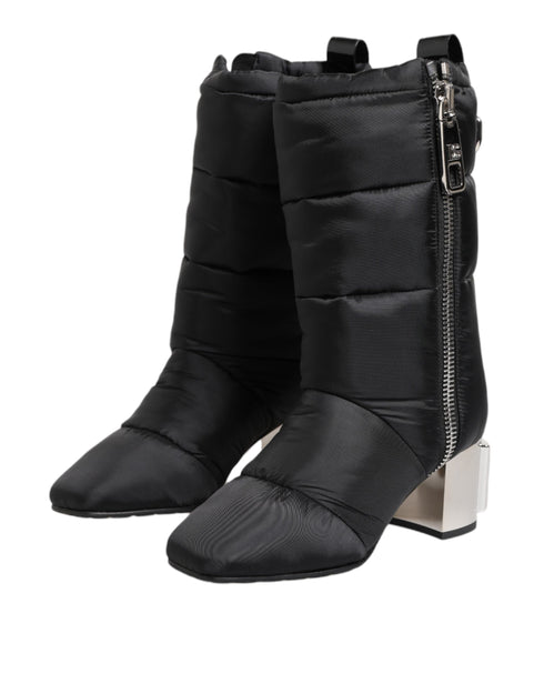 Dolce & Gabbana Black Padded Mid-Calf Boots with Silver Logo Heel - Women’s