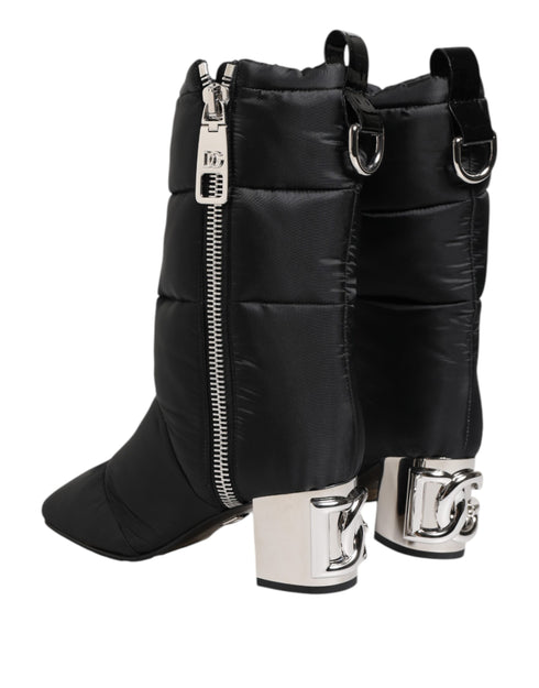 Dolce & Gabbana Black Padded Mid-Calf Boots with Silver Logo Heel - Women’s