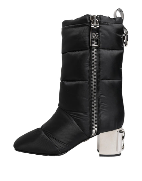 Dolce & Gabbana Black Padded Mid-Calf Boots with Silver Logo Heel - Women’s