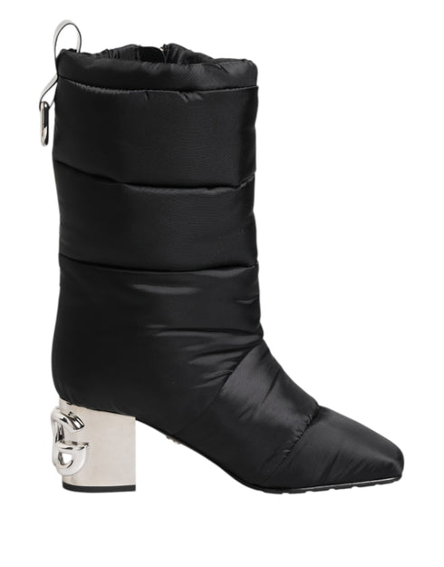 Dolce & Gabbana Black Padded Mid-Calf Boots with Silver Logo Heel - Women’s