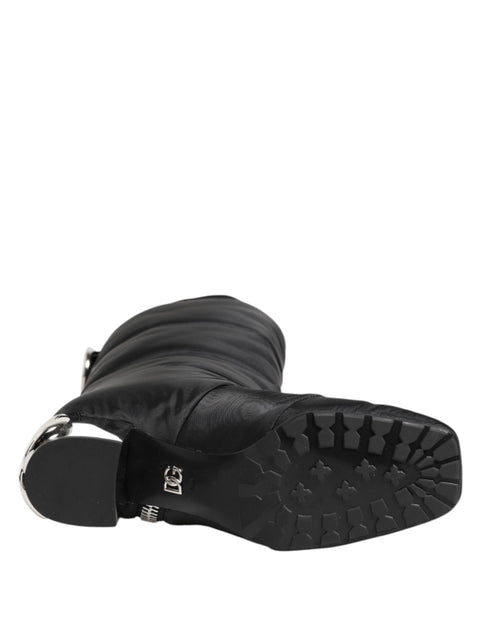 Dolce & Gabbana Black Padded Mid-Calf Boots with Silver Logo Heel - Women’s