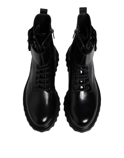 Dolce & Gabbana Black Leather Lace Up Mid Calf Boots Shoes