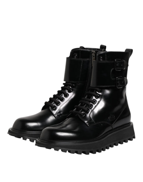 Dolce & Gabbana Black Leather Lace Up Mid Calf Boots Shoes