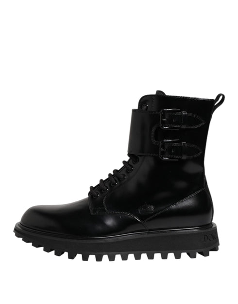 Dolce & Gabbana Black Leather Lace Up Mid Calf Boots Shoes