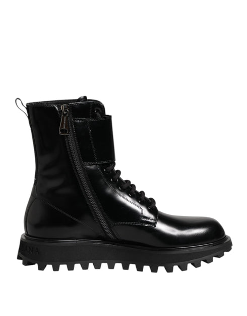 Dolce & Gabbana Black Leather Lace Up Mid Calf Boots Shoes