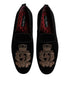 Dolce & Gabbana Black Velvet Gold Crown Mens Loafers Shoes