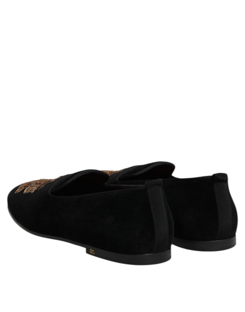 Dolce & Gabbana Black Velvet Gold Crown Mens Loafers Shoes