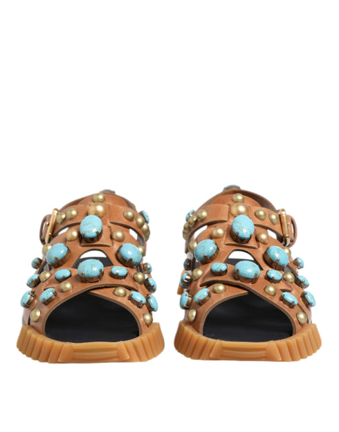 Dolce & Gabbana Brown Leather Studded Slides Sandals Shoes