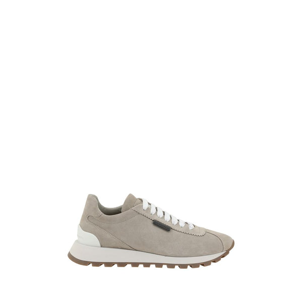 Brunello Cucinelli Beige Suede Sneakers with Bead Embellishments and Rubber Sole Shoes