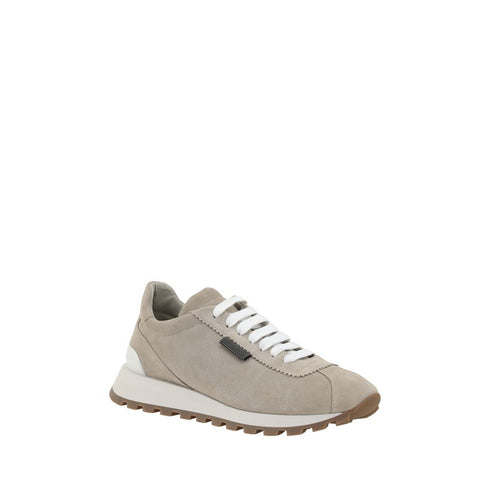 Brunello Cucinelli Beige Suede Sneakers with Bead Embellishments and Rubber Sole Shoes