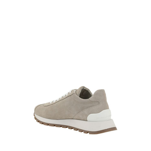 Brunello Cucinelli Beige Suede Sneakers with Bead Embellishments and Rubber Sole Shoes