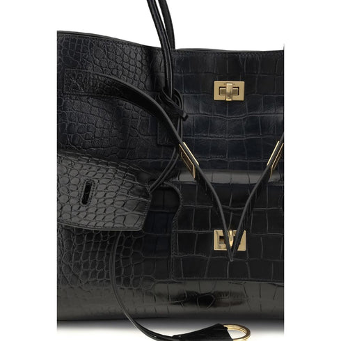 Balenciaga Bel Air Medium Shoulder Bag – Black Crocodile-Effect Calfskin – Gold Hardware – Women’s