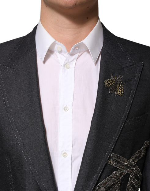 Dolce & Gabbana Dark Gray Bee Embroidery Wool Coat Blazer