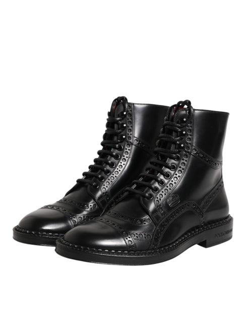 Dolce & Gabbana Black Leather Lace Up Mid Calf Boots Shoes