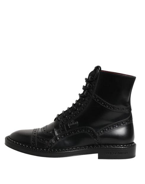 Dolce & Gabbana Black Leather Lace Up Mid Calf Boots Shoes