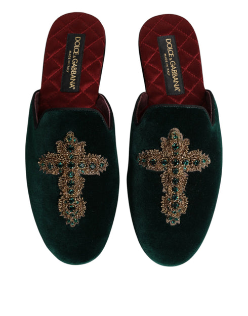 Dolce & Gabbana Green Velvet Cross Embellished Slippers Shoes