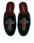 Dolce & Gabbana Green Velvet Cross Embellished Slippers Shoes