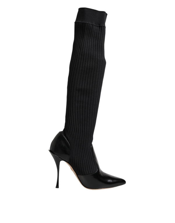 Dolce & Gabbana Women's Stretch Sock Boots | Black Leather Ribbed Knit Knee-High Heels