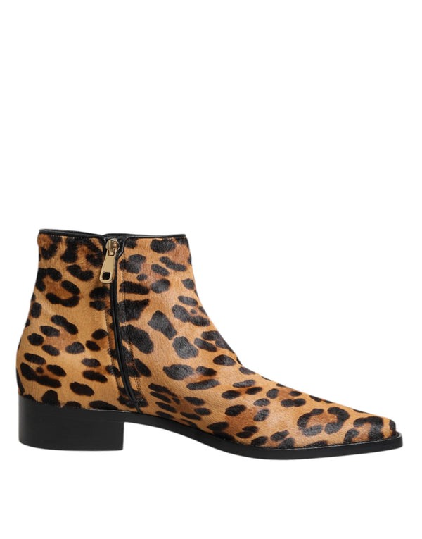 Dolce & Gabbana Women's Brown Leopard Calf Fur Leather Ankle Boots Shoes