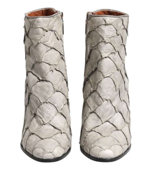 Dolce & Gabbana Grey Fish Scale Leather Ankle Boots with High Heels - Women’s