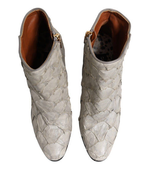 Dolce & Gabbana Grey Fish Scale Leather Ankle Boots with High Heels - Women’s