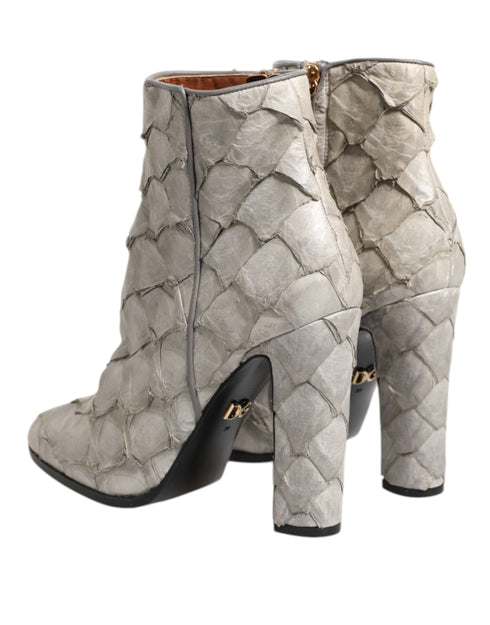 Dolce & Gabbana Grey Fish Scale Leather Ankle Boots with High Heels - Women’s