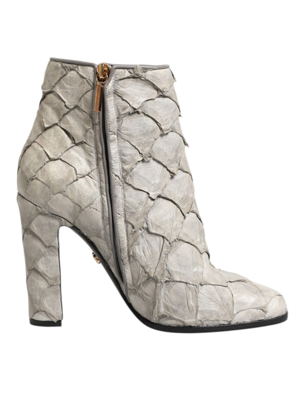 Dolce & Gabbana Grey Fish Scale Leather Ankle Boots with High Heels - Women’s
