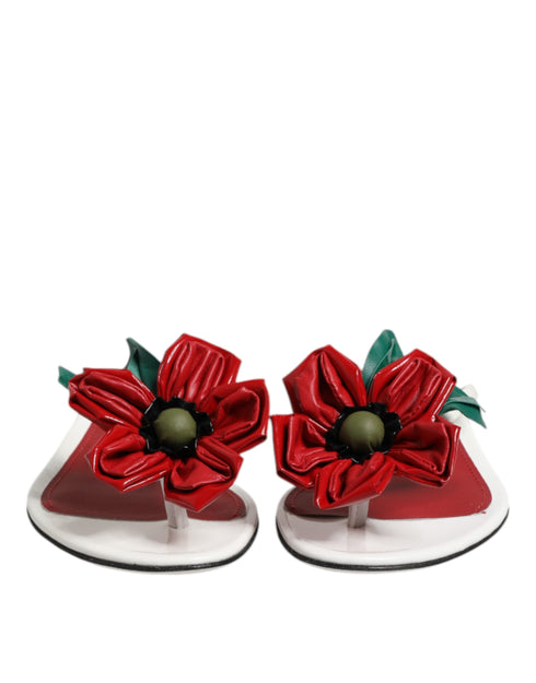 Dolce & Gabbana KEIRA Flat Sandals – Women's Red White Calf Leather Flower Design