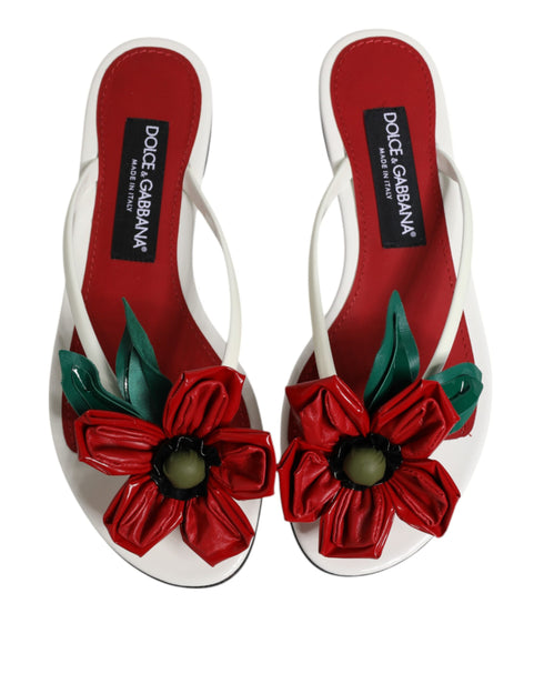 Dolce & Gabbana KEIRA Flat Sandals – Women's Red White Calf Leather Flower Design