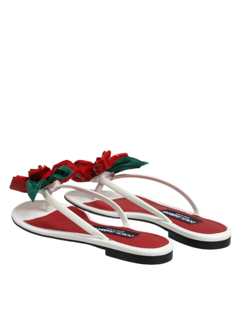 Dolce & Gabbana KEIRA Flat Sandals – Women's Red White Calf Leather Flower Design
