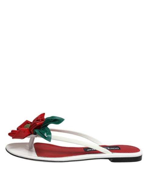 Dolce & Gabbana KEIRA Flat Sandals – Women's Red White Calf Leather Flower Design