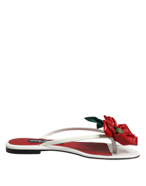 Dolce & Gabbana KEIRA Flat Sandals – Women's Red White Calf Leather Flower Design