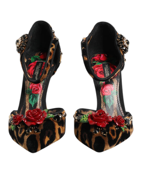Dolce & Gabbana Brown Leopard Velvet Heels Pumps with Crystal Roses and Ankle Strap - Women’s