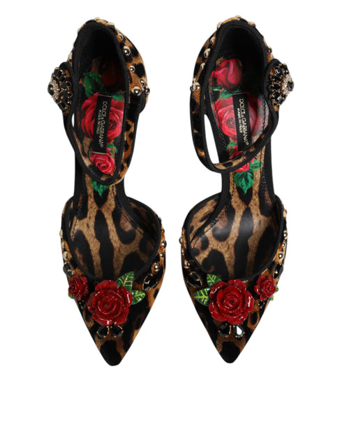 Dolce & Gabbana Brown Leopard Velvet Heels Pumps with Crystal Roses and Ankle Strap - Women’s